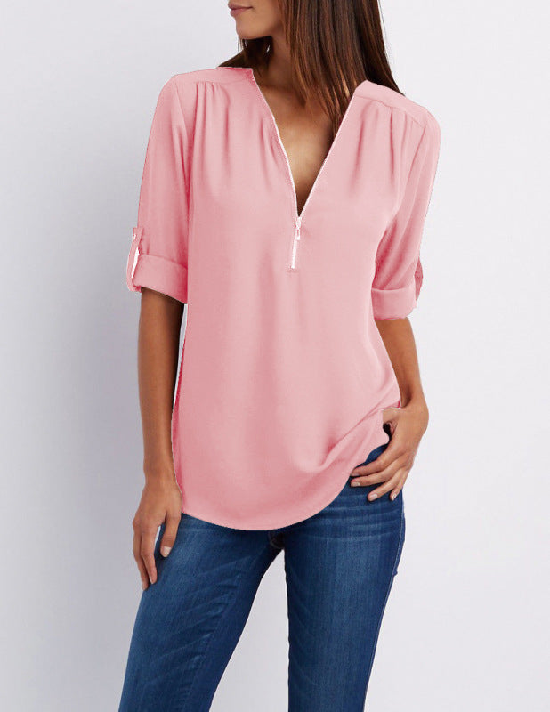 V-neck Zipper Long Sleeve Top