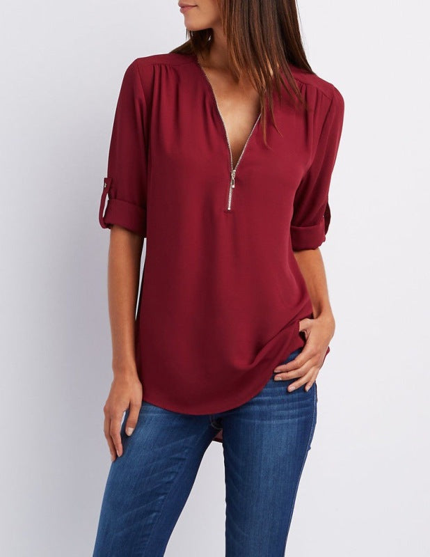V-neck Zipper Long Sleeve Top