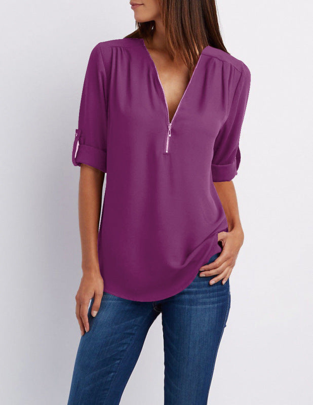 V-neck Zipper Long Sleeve Top