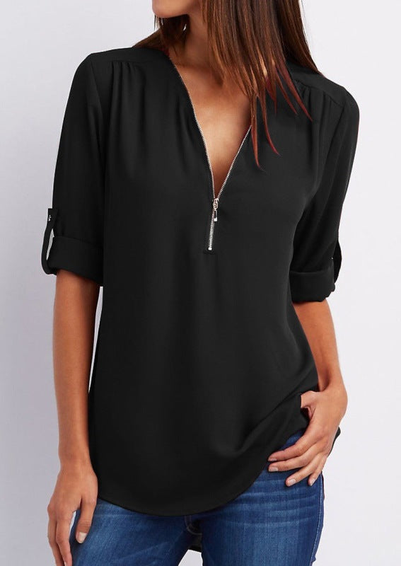 V-neck Zipper Long Sleeve Top