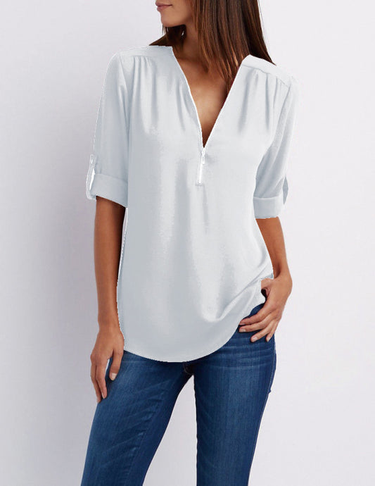 V-neck Zipper Long Sleeve Top