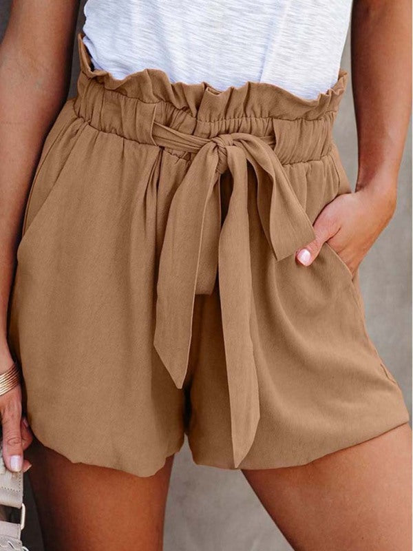 Solid Colour Cotton Blend Tie-Waist Shorts