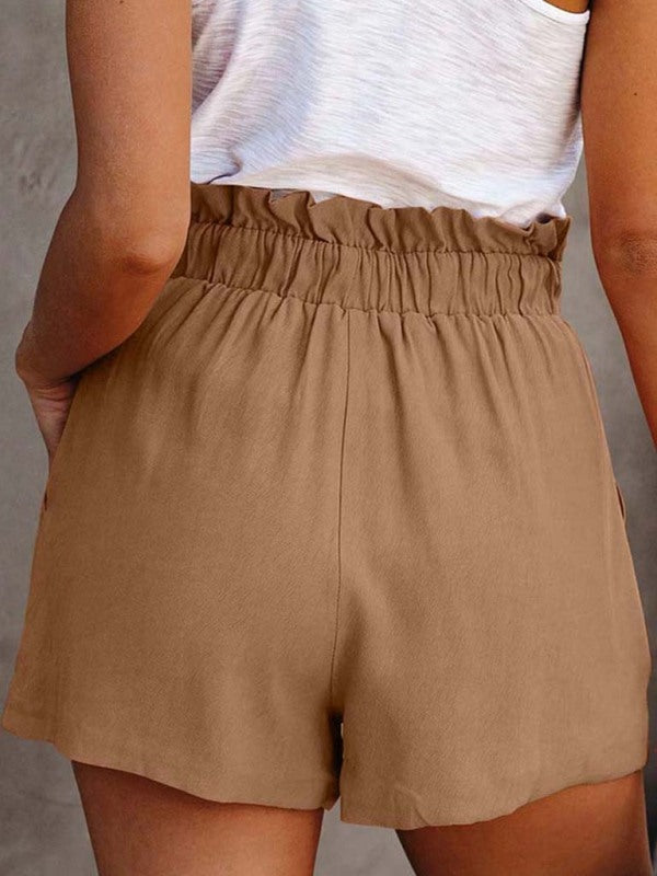 Solid Colour Cotton Blend Tie-Waist Shorts