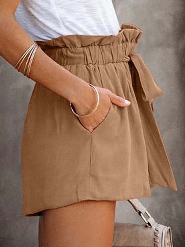 Solid Colour Cotton Blend Tie-Waist Shorts