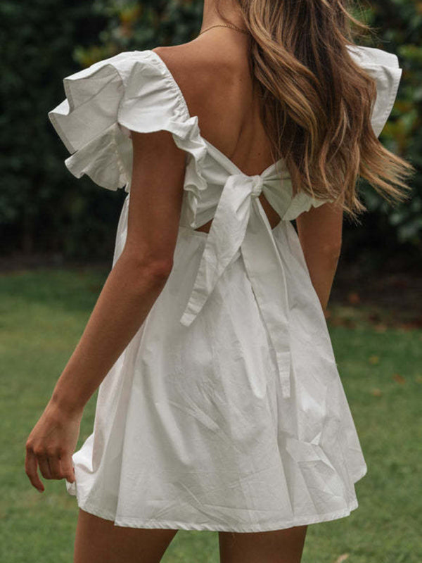 cute ruffle dress for women Women's Casual Summer Sexy Off Shoulder Lace Sleeve Solid Ruffled Dress Mini Dress White at Amazon Women's Clothing store