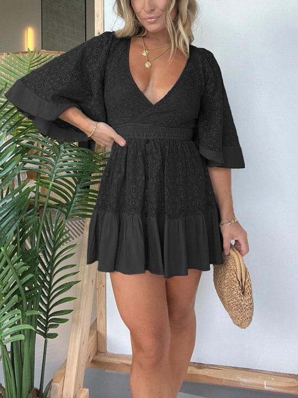 short batwing dress GIESSO Short Dresses For Women's Casual Batwing Sleeve Ruffle Hem Wrap Knot Side Dress V neck A-Line High Waist at Amazon Women's Clothing store