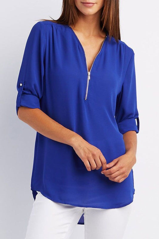 V-neck Zipper Long Sleeve Top